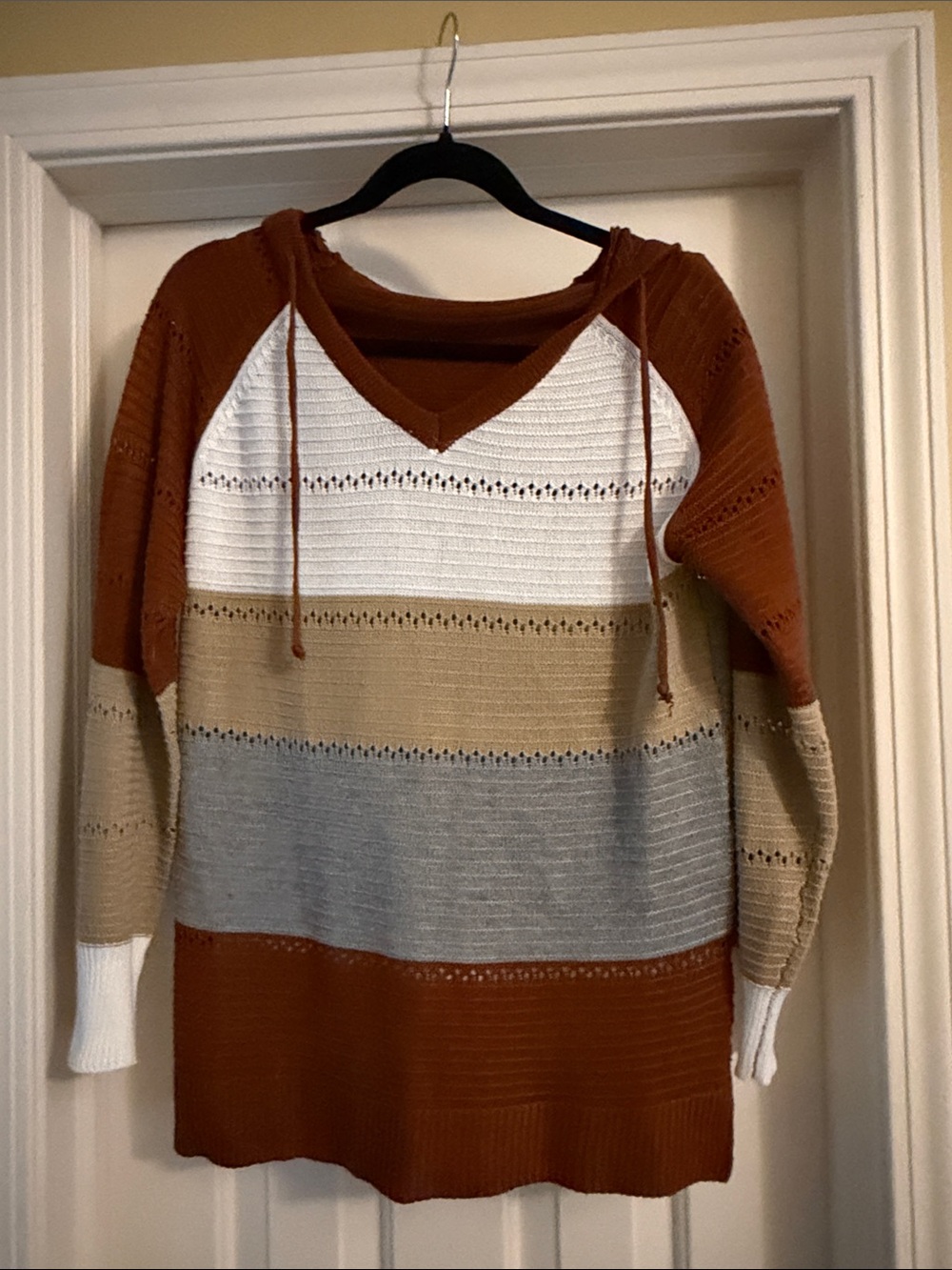 Striped Knit Hooded Sweater in Rust, Cream, Taupe, and Light Gray